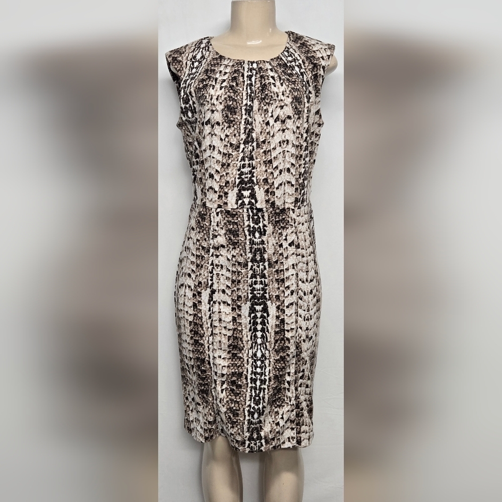 Dana Buchman 10 Sheath Dress Animal Print Earth Tone Browns Pleated Neck